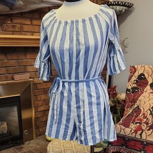 Billabong Blue and White Striped Romper Shorts Size Medium Cotton Blend Belted